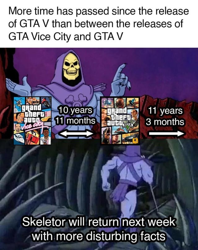 More time has passed since the release of GTA V than between the releases of GTA Vice City and GTA V - meme