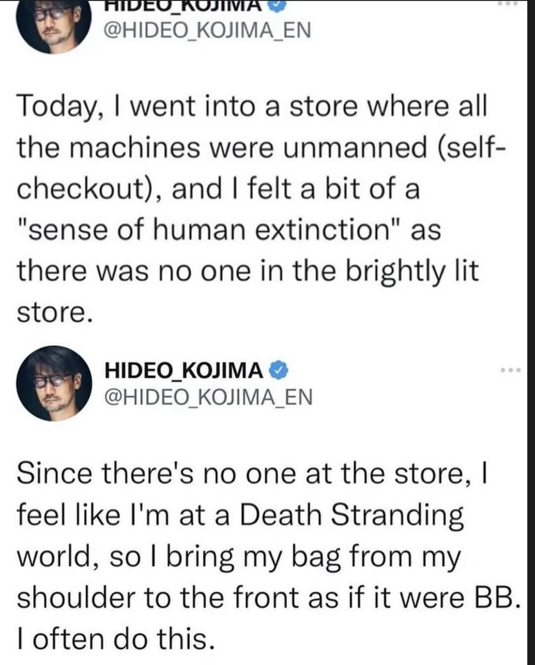 Hideo Kojima at a self-checkout: feels like Death Stranding DLC - meme