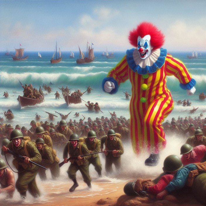 I asked ai to make a photo of circus clowns storming the beach of Normandy and it made this - meme