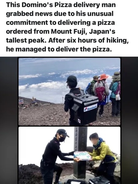 Domino's pizza delivering a pizza on Mount Fuji - meme