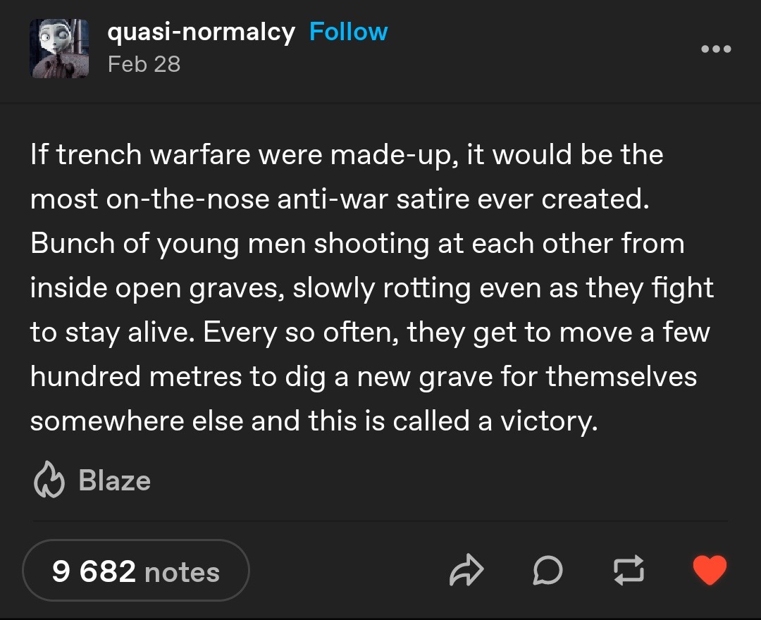 Trench warfare sounds fake but it’s the darkest satire ever - meme