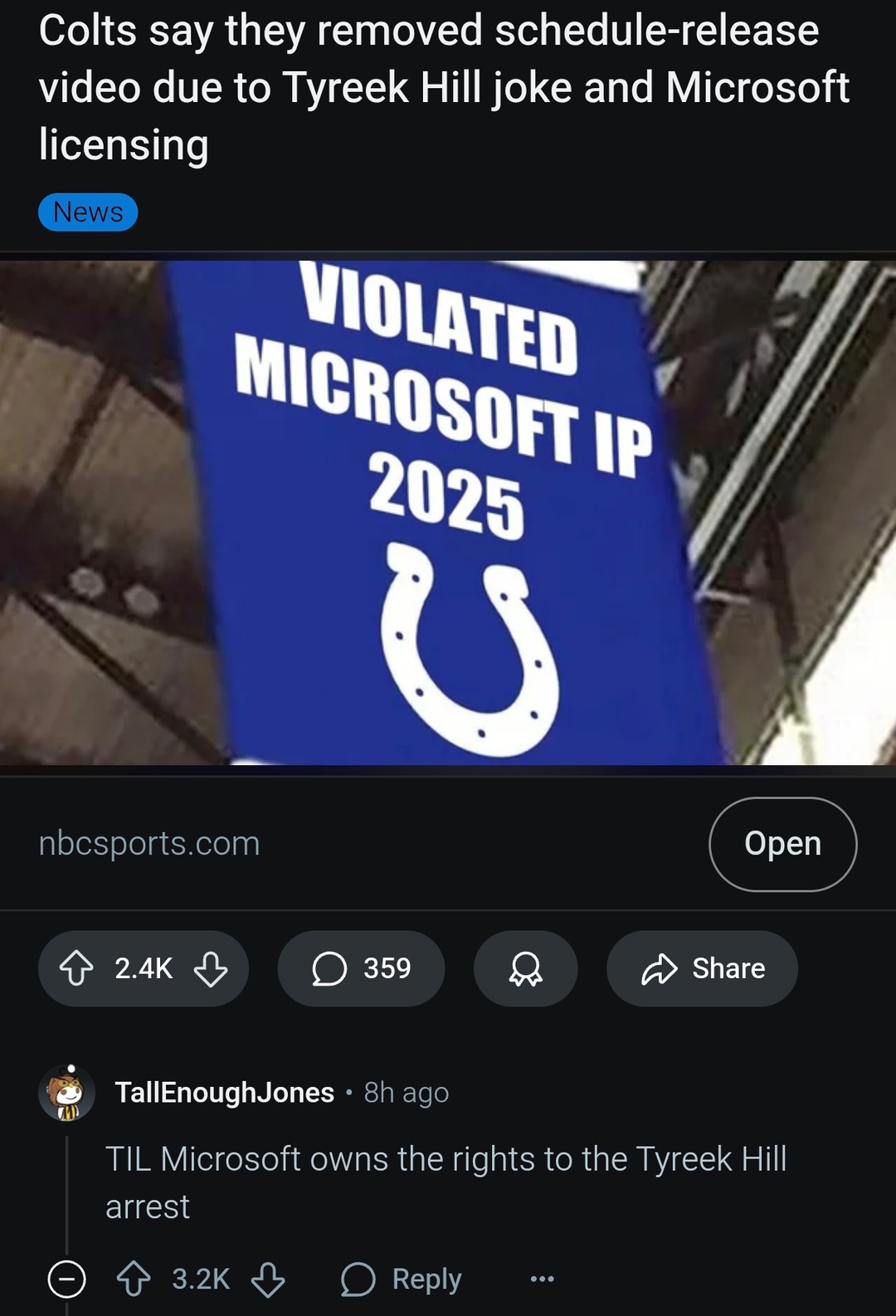 colts pulled their video cause of a Tyreek joke and Microsoft beef - meme