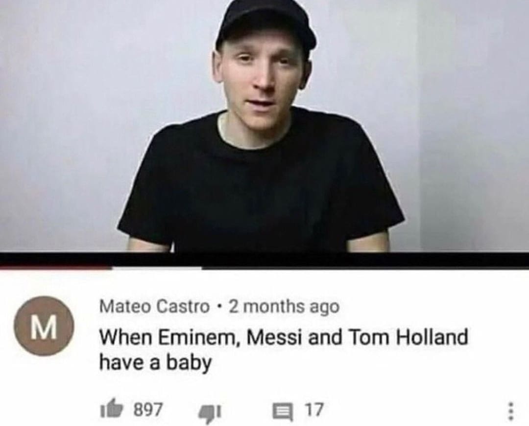 Eminem Messi y Tom Holland en uno - meme