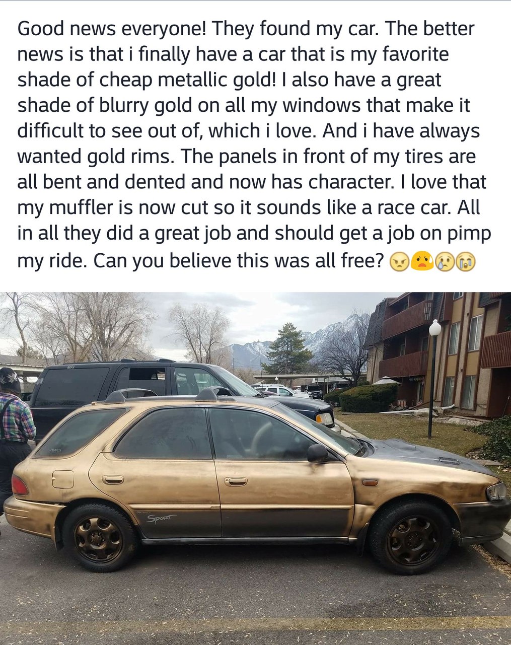 My brother's car was stolen about a week ago, it used to be green. Like a grass. - meme