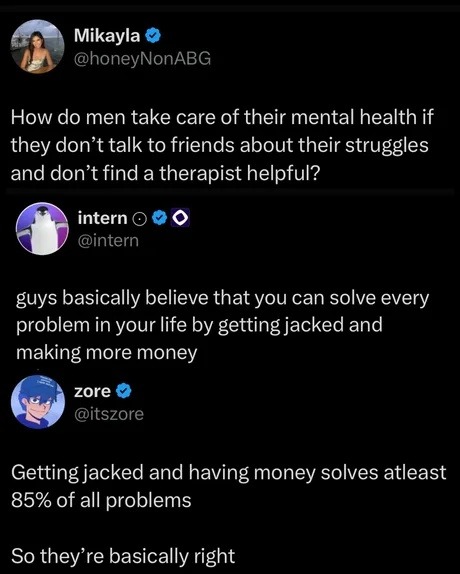 Men's mental health strategy: gym + money - meme
