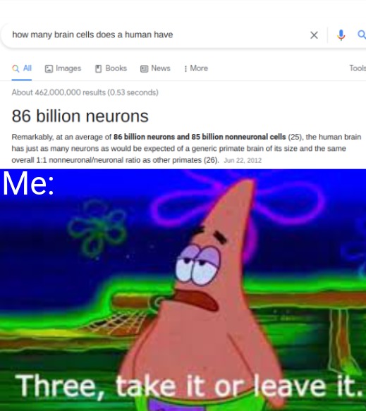 damnit google i only have three brain cells - meme