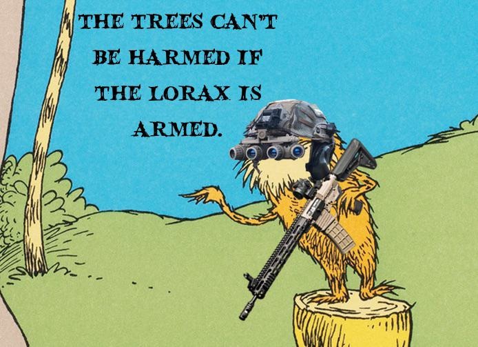 I am the Lorax, I speak for the trees. If you litter again, I'll bust a cap through your knees. - meme
