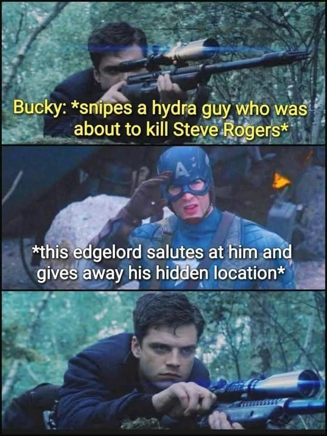 Bucky saves Steve, edgy bro salutes and ruins it - meme