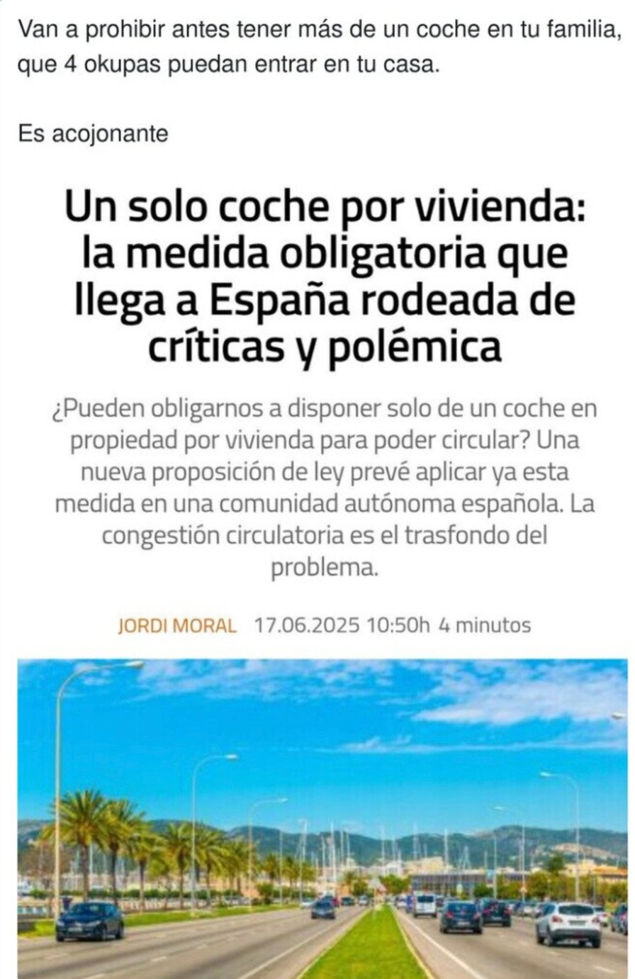 Proponen solo un coche por casa en España, vaya plan - meme