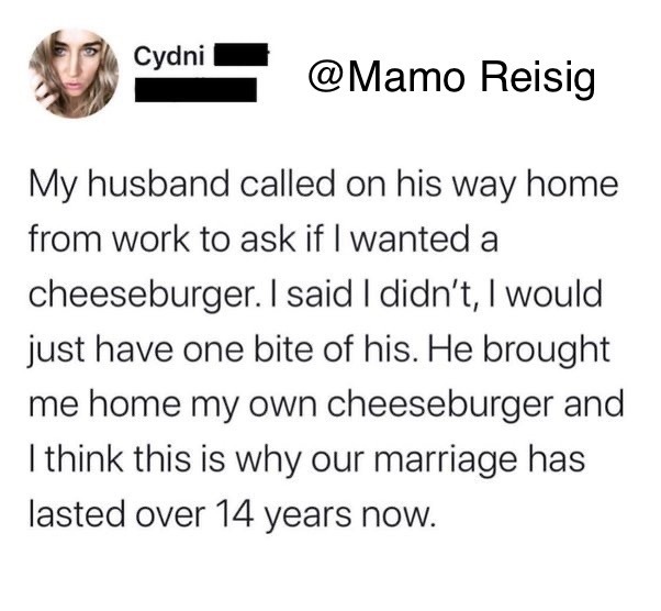 Man buys cheeseburger for his wife - meme