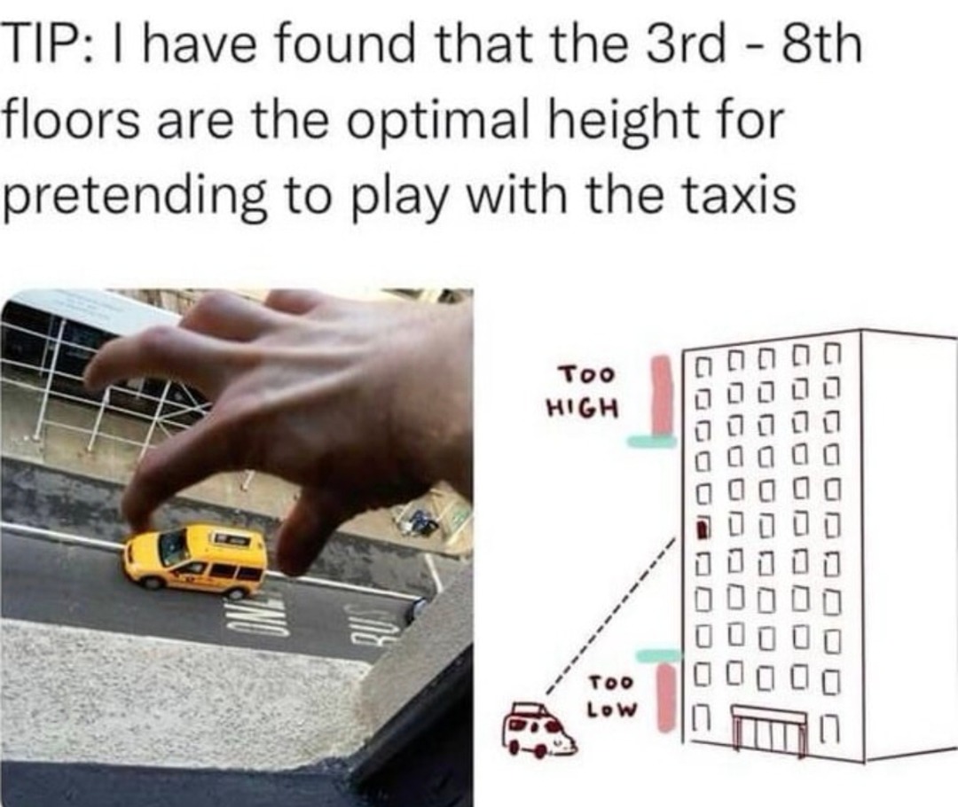Pro tip the 3rd and 8th floors are best for pretending you're crushing taxis with your hand - meme