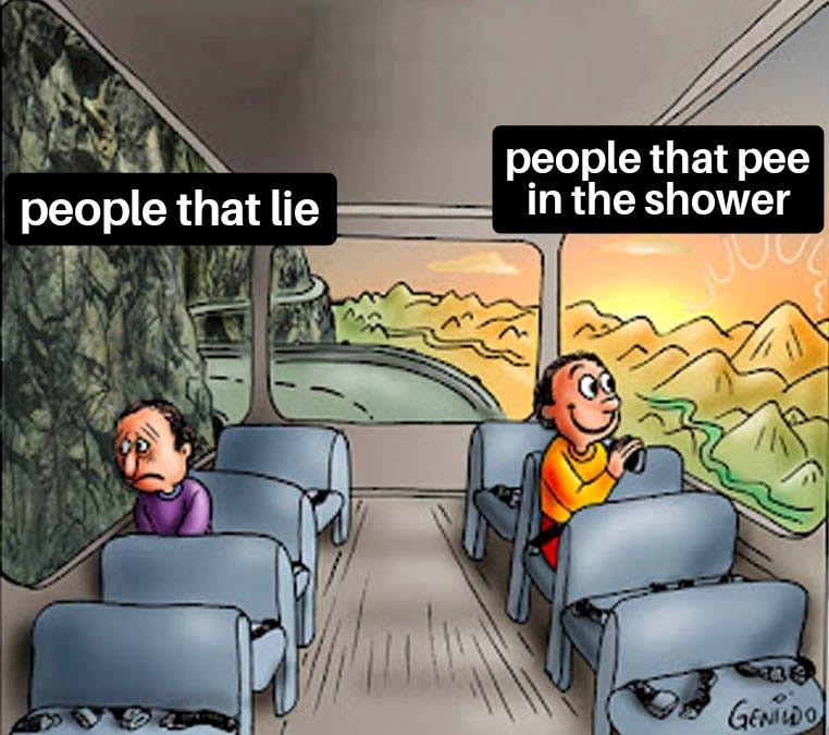 Shower people be wildin: pee squad vs horizontal liars - meme