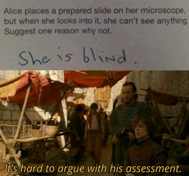 Alice places a prepared slide on her microscope - meme