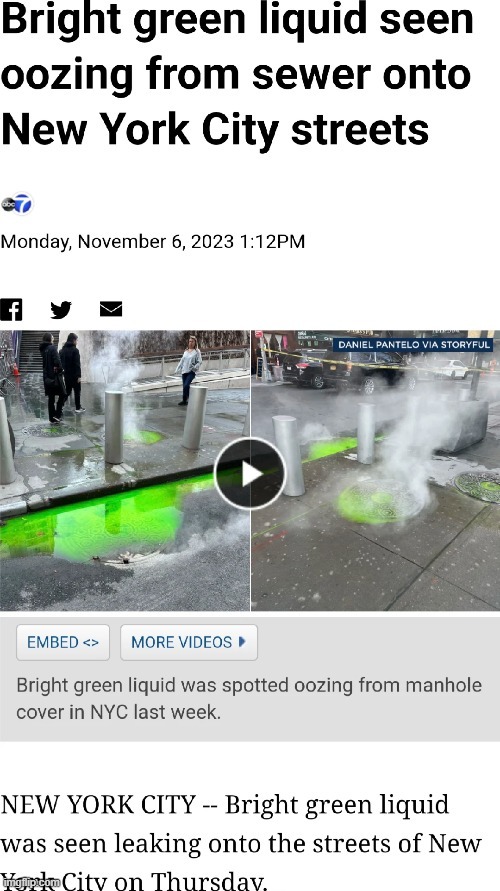 Bright green liquid seen oozing from sewer onto New York City streets - meme