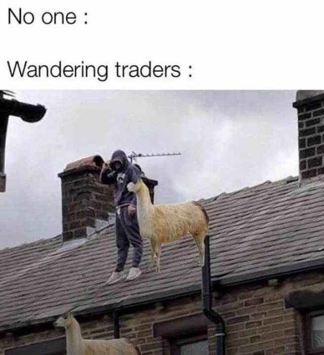no one asked but here comes the wandering trader with 2 leashes and nothing good - meme