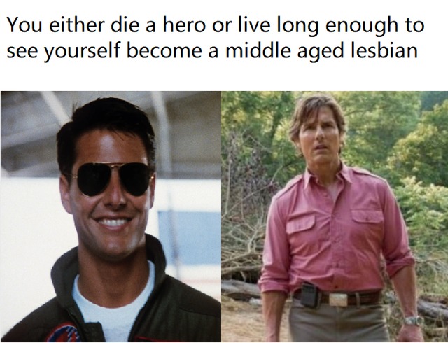 You eigher die a hero or live long enough to see yourself become a middle aged lesbian - meme