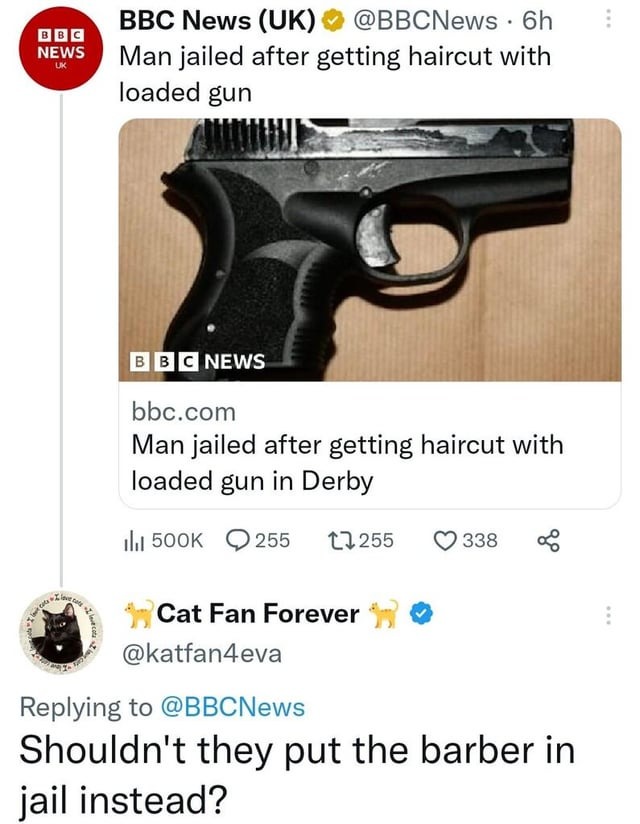 Man jailed after getting haircut with loaded gun - meme