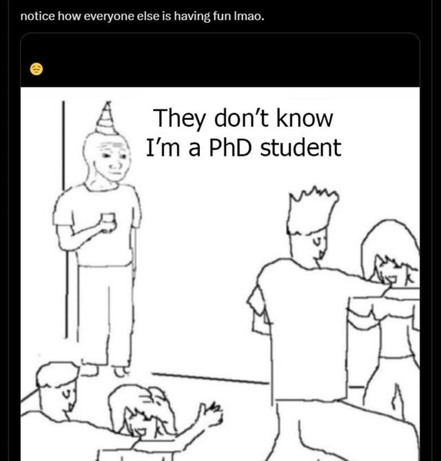 Everyone’s vibing and I’m over here doing a PhD and crying - meme