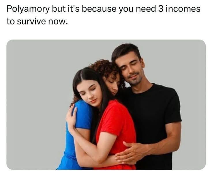 Polyamory? Nah bro that’s just rent split 3 ways now - meme