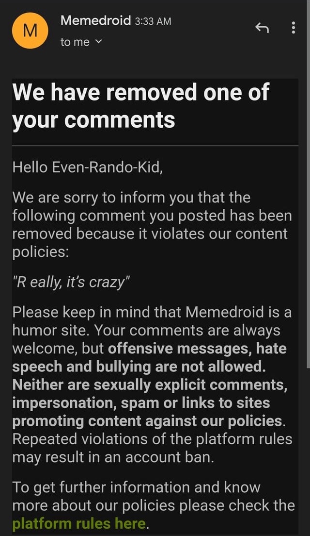 bro they are banning random comments now - meme