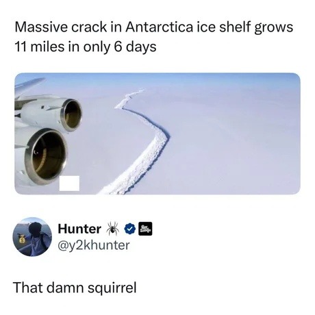 Antarctica crack grew 11 miles in 6 days. Blame the squirrel - meme