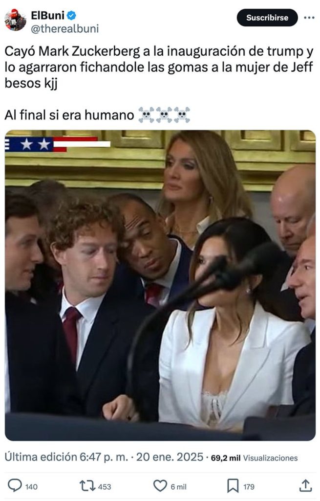 Meme de Mark Zuckerberg mirando el escote de la mujer de Jeff Bezos