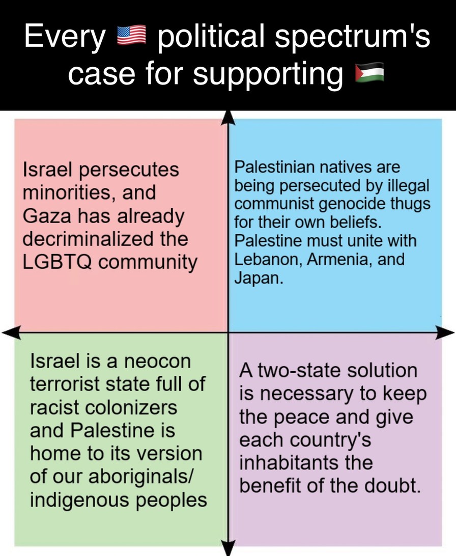 Every US political spectrum's case for supporting Palestine - meme