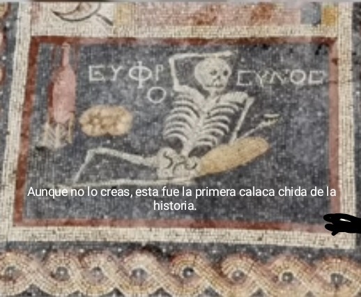 Contexto: En Turquía encontraron este mosaico que data de alrededor de hace 2000 años que pone "festeja y solo vive la vida". - meme