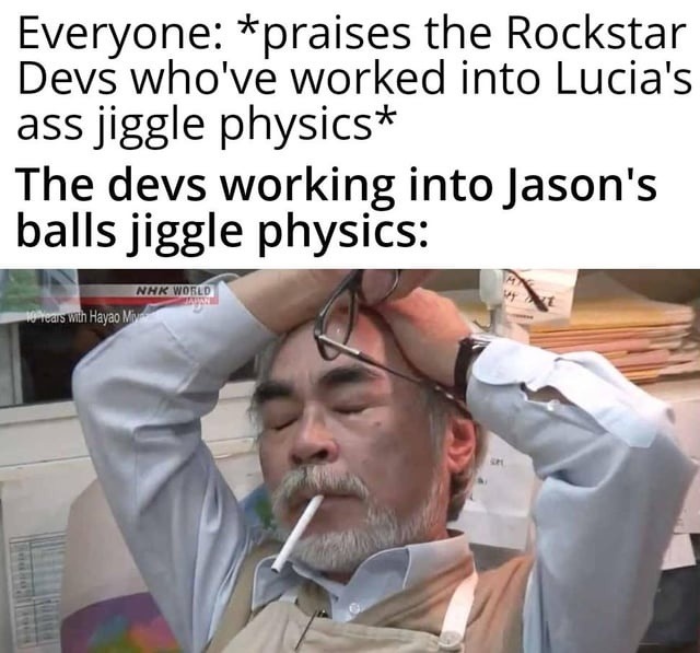 Lucia gets the hype, Jason gets the jingle balls physics - meme