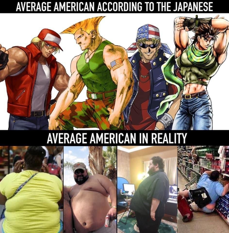 "americano mediano de acordo com os japoneses"/ "americano mediano na vida real". - meme