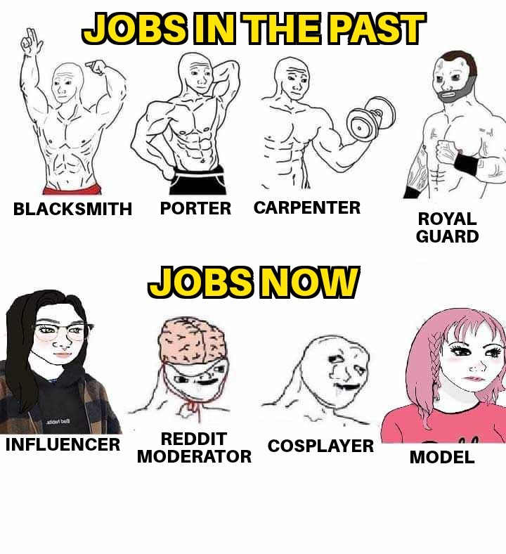 Jobs in the past VS now - meme