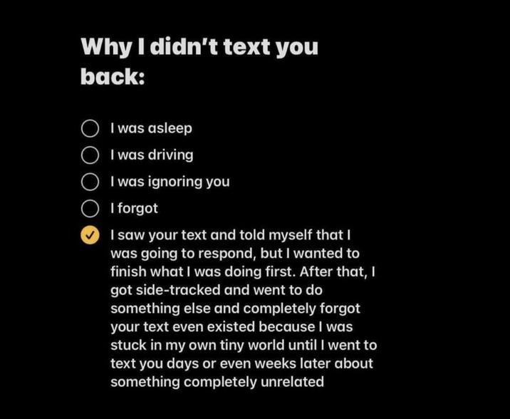 Why I didn't text you back - meme