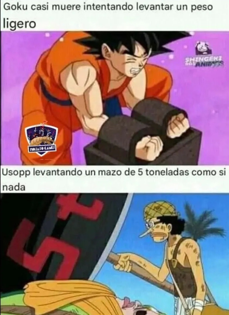 goku casi muere levantando mancuernas mientras usopp levanta un camión con una mano - meme