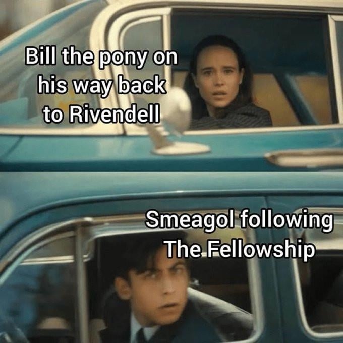 Bill the pony heading back to Rivendell while Smeagol just follows like Im a part of this, right? - meme