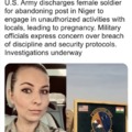 US Army let go of a soldier who left her post in Niger, got involved in unauthorized activities, and became pregnant