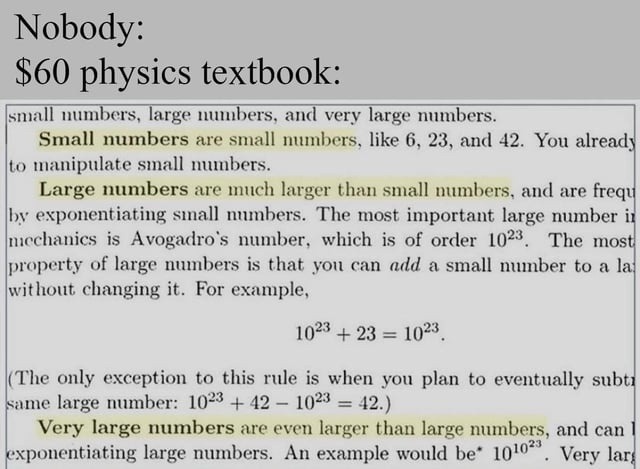 Physics textbook: numbers, but make them confusing - meme