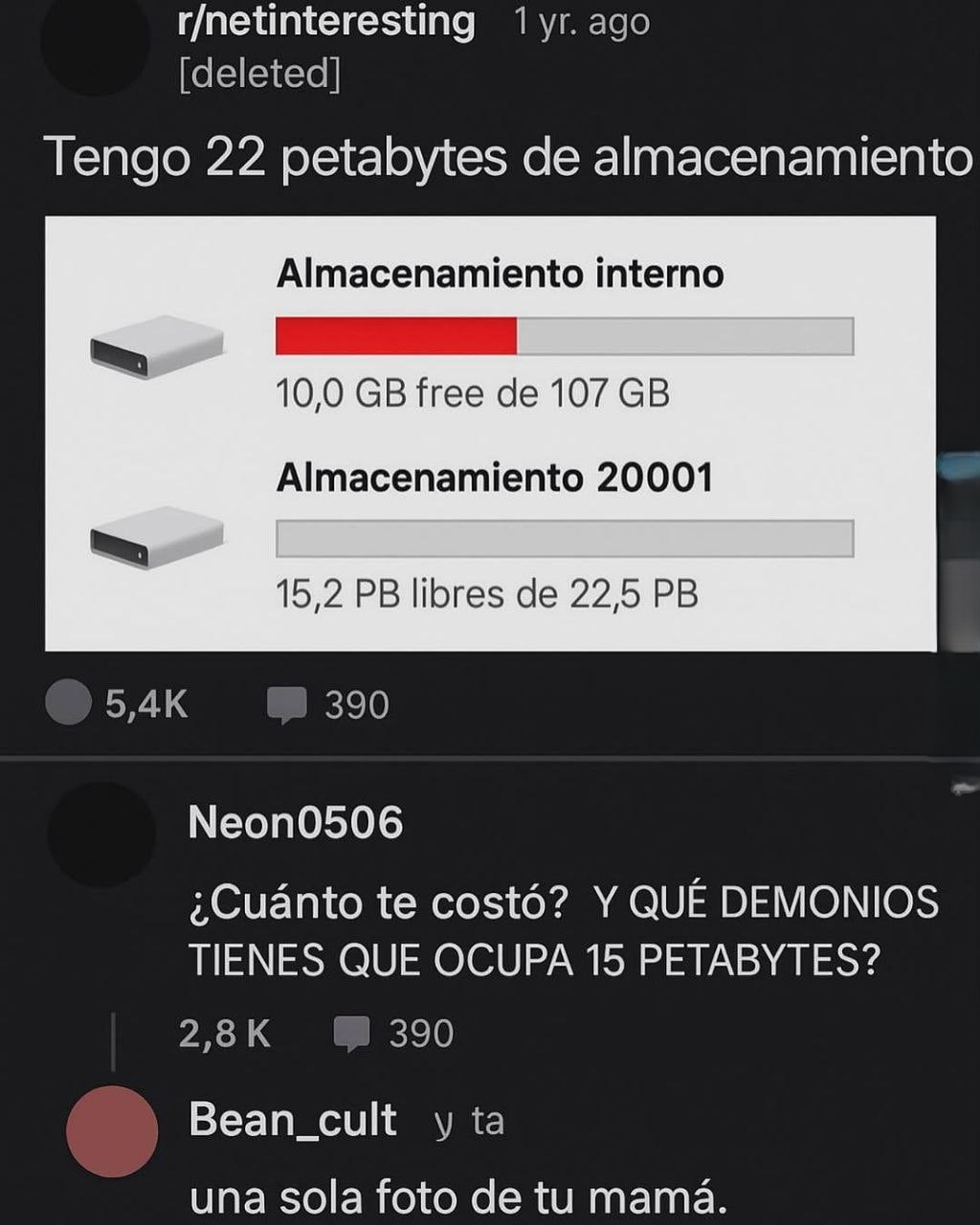 Tengo 15 petabytes ocupados por una sola foto de tu madre - meme
