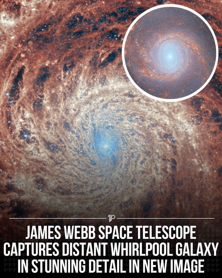 James Webb's stunning image of the Whirlpool Galaxy, 27M light-years away in the Canes Venatici constellation. - meme
