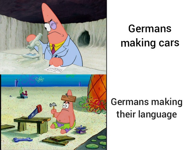 Germans: good at making cars, not very good at making languages - meme