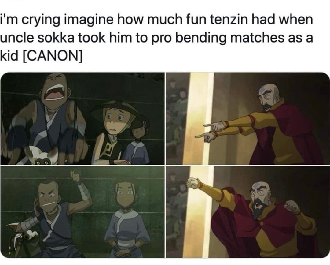 Uncle Sokka took lil Tenzin to pro bending and cried laughing - meme
