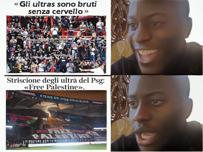Gli ultras del PSG srotolano uno striscione per la Palestina - meme