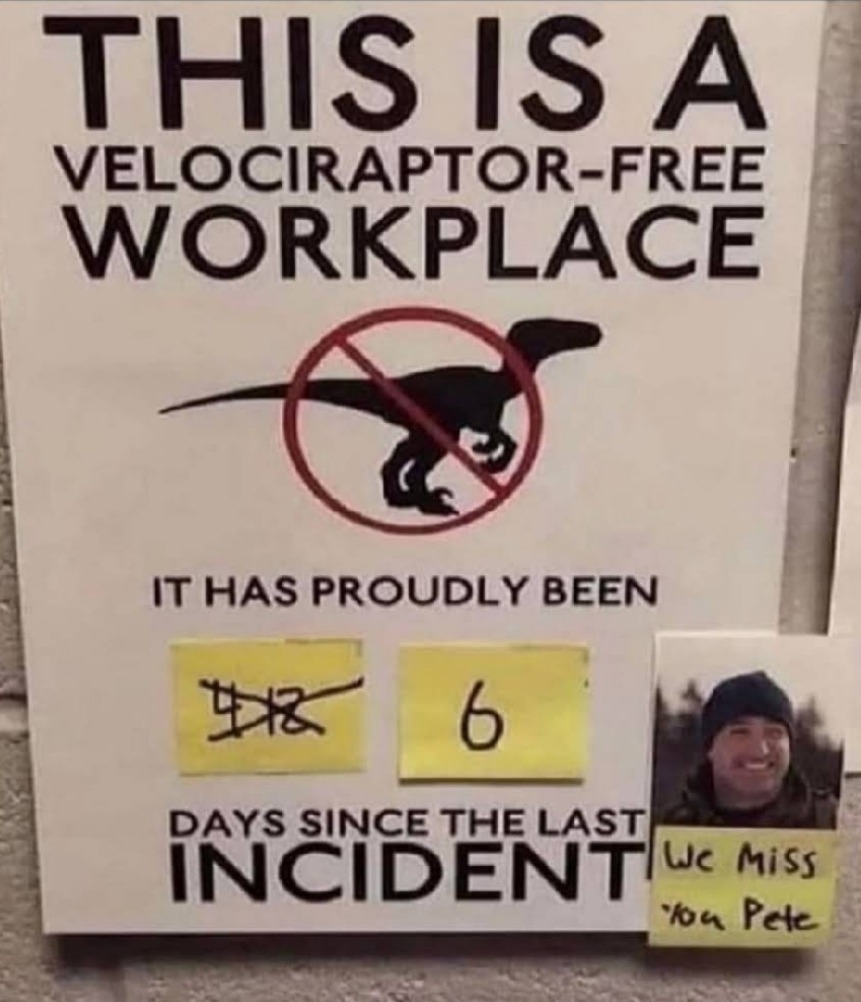 this is a velociraptor-free workplace meme