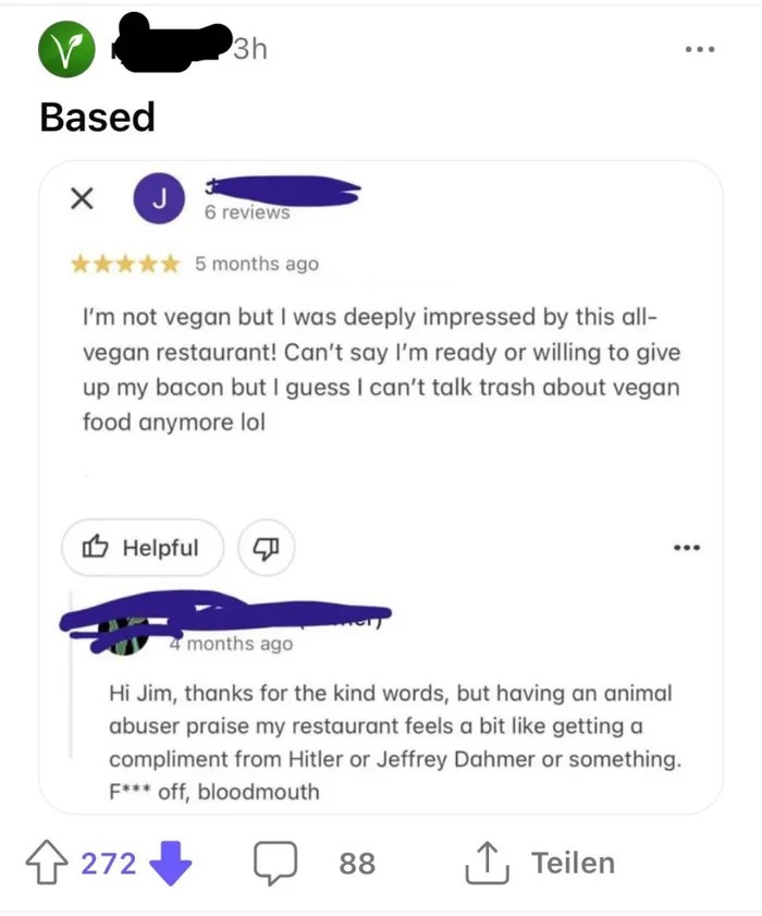 How is a praise from a non vegan compared to Hitler? - meme