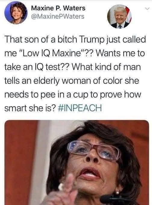 Mad Maxine's IQ test results were negative. - meme