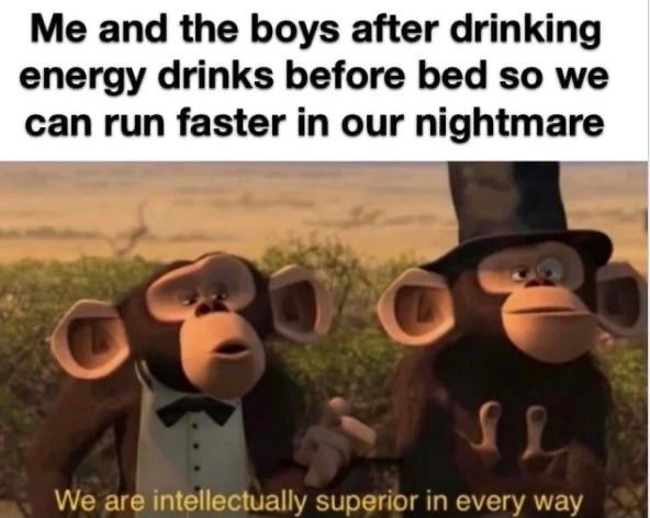 ﻿Me and the boys after drinking energy drinks before bed s0 we can run faster in our nightmare We are intellectually superior in every way