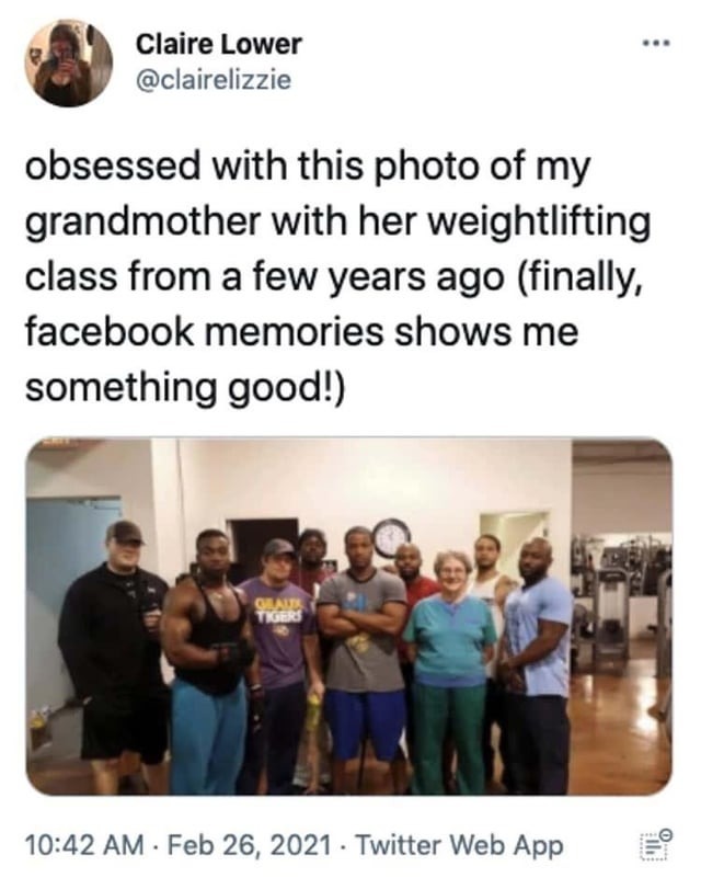Grandma with her weightlifting class - meme