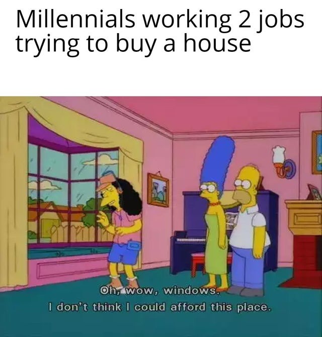 Millennials working 2 jobs trying to buy a house - meme