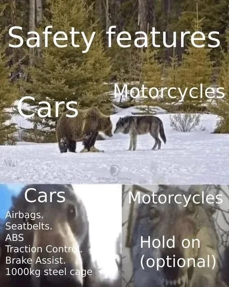 Safety features: Cars vs motorcycles - meme