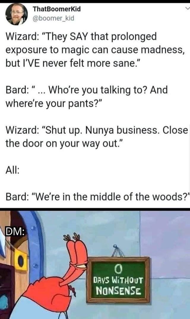 wizard feels sane, bard sees a pantless meltdown in the woods - meme