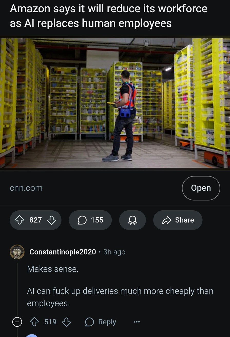 amazon cutting jobs cuz ai can mess up cheaper - meme